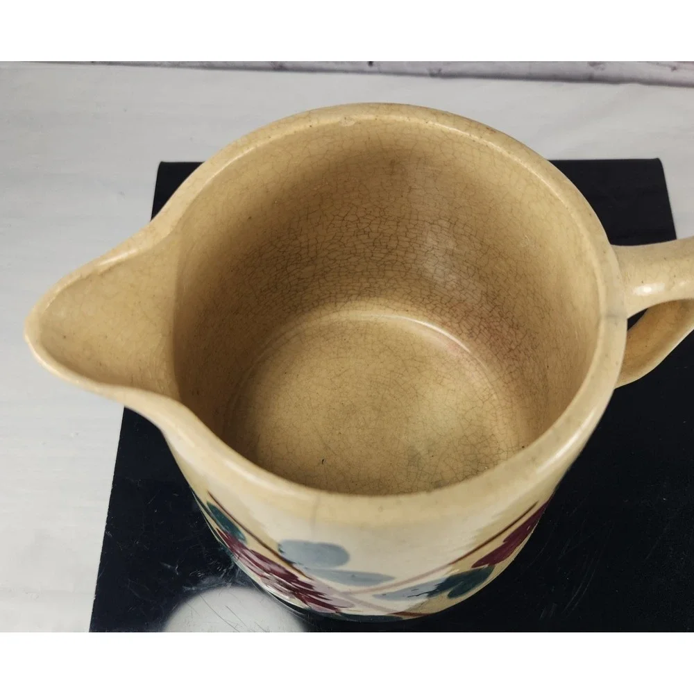 Vintage Yellow Ware Pottery Pitcher with Flowers Farmhouse Rustic Chic
